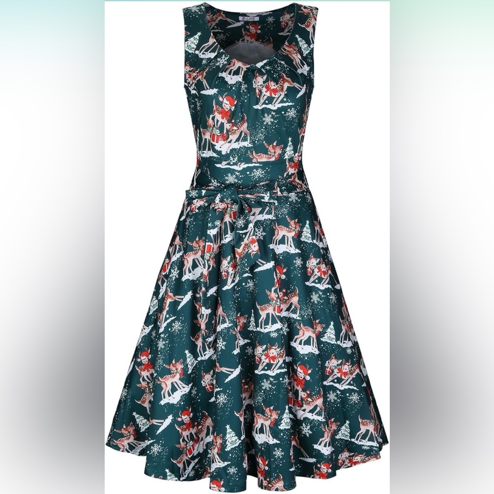 KILIG Festive Green Holiday Dress with Reindeer Print and pockets - Vintage